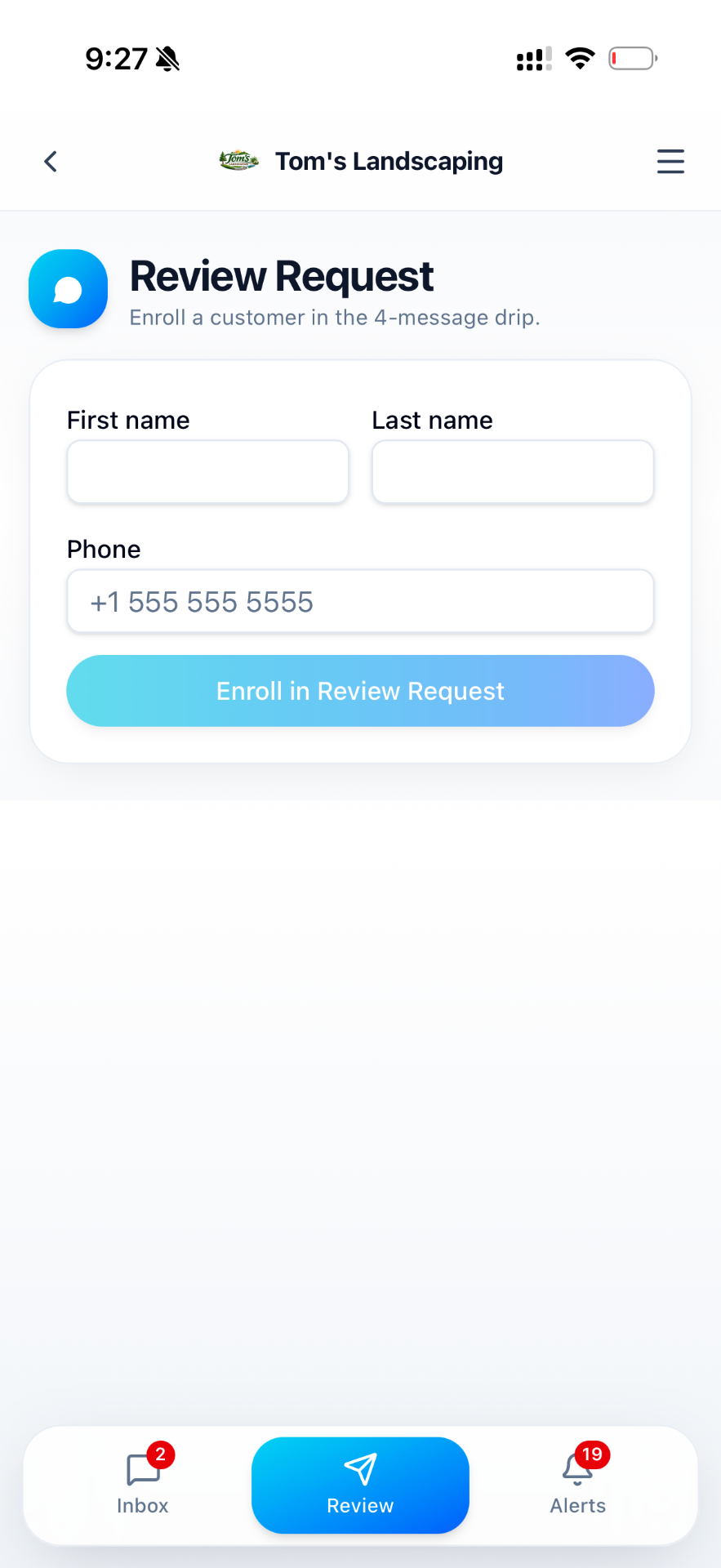 Review request enrollment screen
