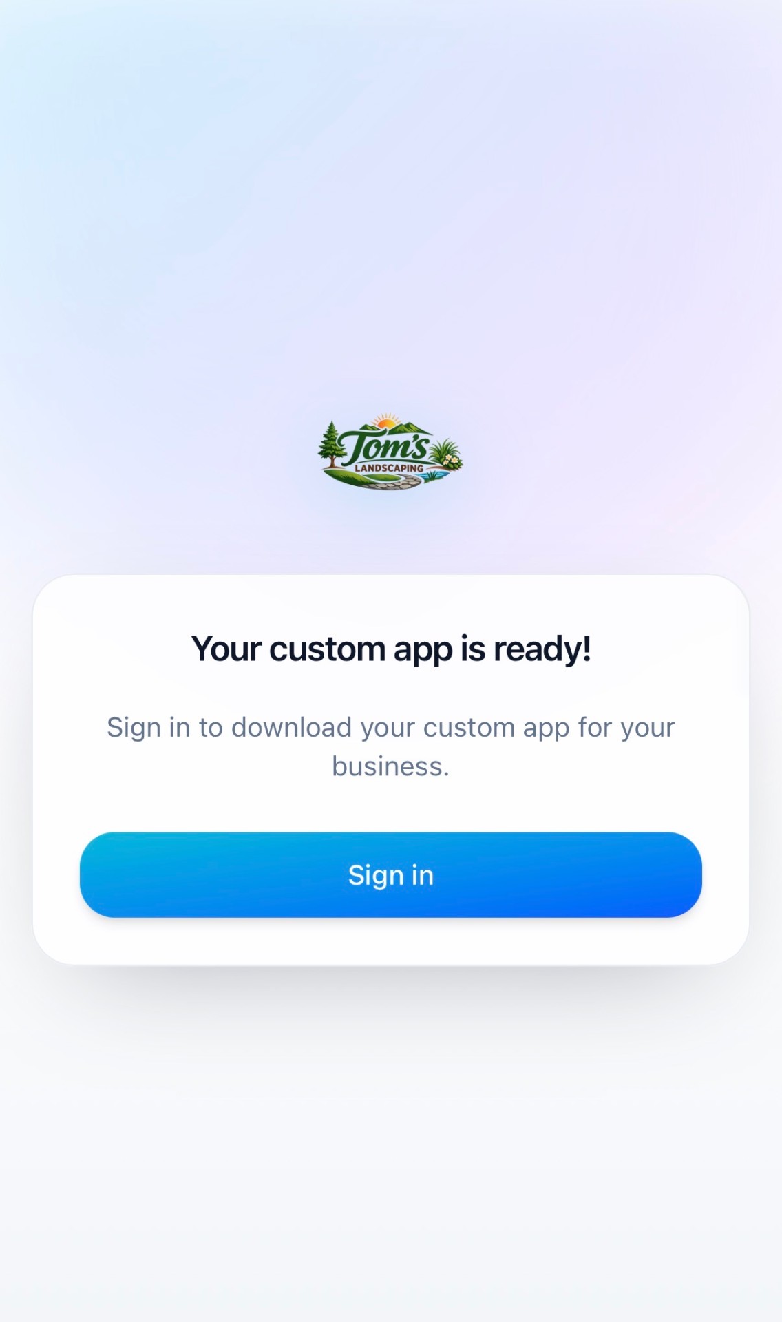 Branded sign-in screen for the custom mobile app