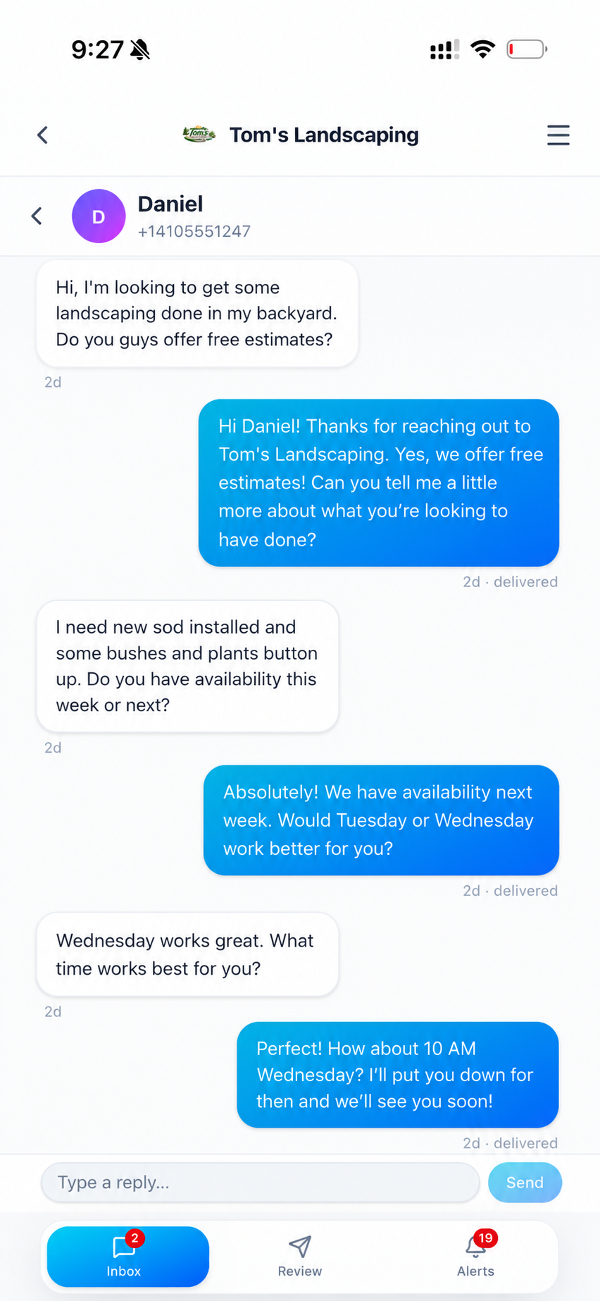 Two-way SMS conversation with a lead or customer