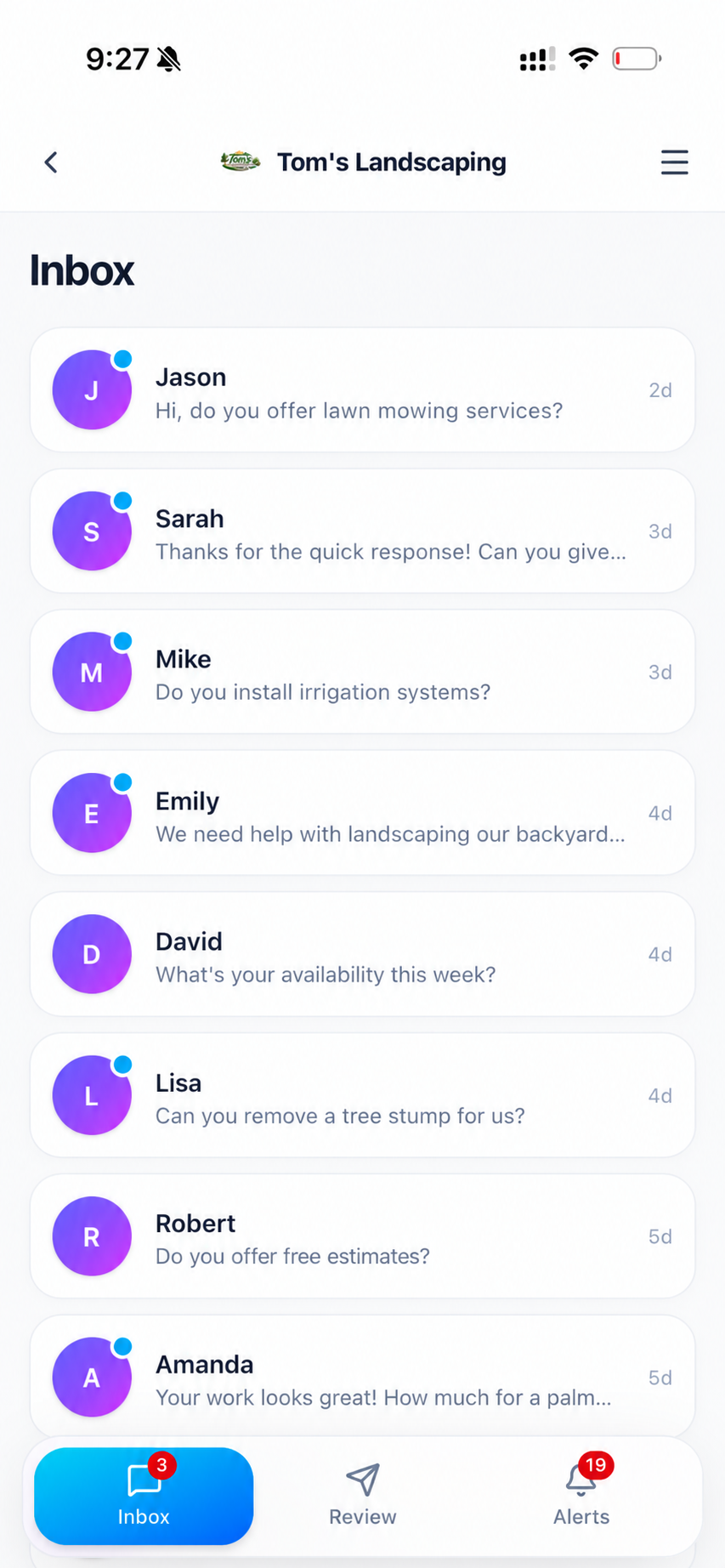 All-in-one inbox listing lead and customer conversations